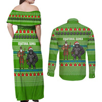 Equatorial Guinea Christmas Couples Matching Off Shoulder Maxi Dress and Long Sleeve Button Shirt with Santa Gorilla Gift Basket and Green Holiday Pattern Design - Wonder Print Shop