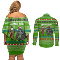 Equatorial Guinea Christmas Couples Matching Off Shoulder Short Dress and Long Sleeve Button Shirt with Santa Gorilla Gift Basket and Green Holiday Pattern Design - Wonder Print Shop