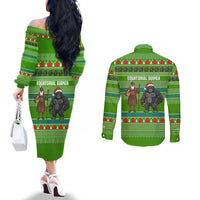 Equatorial Guinea Christmas Couples Matching Off The Shoulder Long Sleeve Dress and Long Sleeve Button Shirt with Santa Gorilla Gift Basket and Green Holiday Pattern Design - Wonder Print Shop