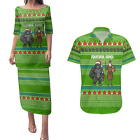 Equatorial Guinea Christmas Couples Matching Puletasi and Hawaiian Shirt with Santa Gorilla Gift Basket and Green Holiday Pattern Design - Wonder Print Shop