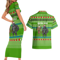 Equatorial Guinea Christmas Couples Matching Short Sleeve Bodycon Dress and Hawaiian Shirt with Santa Gorilla Gift Basket and Green Holiday Pattern Design - Wonder Print Shop