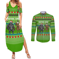 Equatorial Guinea Christmas Couples Matching Summer Maxi Dress and Long Sleeve Button Shirt with Santa Gorilla Gift Basket and Green Holiday Pattern Design - Wonder Print Shop