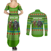Equatorial Guinea Christmas Couples Matching Summer Maxi Dress and Long Sleeve Button Shirt with Santa Gorilla Gift Basket and Green Holiday Pattern Design - Wonder Print Shop
