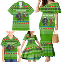 Equatorial Guinea Christmas Family Matching Mermaid Dress and Hawaiian Shirt with Santa Gorilla Gift Basket and Green Holiday Pattern Design - Wonder Print Shop