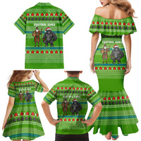Equatorial Guinea Christmas Family Matching Mermaid Dress and Hawaiian Shirt with Santa Gorilla Gift Basket and Green Holiday Pattern Design - Wonder Print Shop