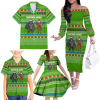 Equatorial Guinea Christmas Family Matching Off The Shoulder Long Sleeve Dress and Hawaiian Shirt with Santa Gorilla Gift Basket and Green Holiday Pattern Design - Wonder Print Shop