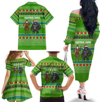 Equatorial Guinea Christmas Family Matching Off The Shoulder Long Sleeve Dress and Hawaiian Shirt with Santa Gorilla Gift Basket and Green Holiday Pattern Design - Wonder Print Shop