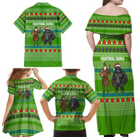 Equatorial Guinea Christmas Family Matching Off Shoulder Maxi Dress and Hawaiian Shirt with Santa Gorilla Gift Basket and Green Holiday Pattern Design - Wonder Print Shop