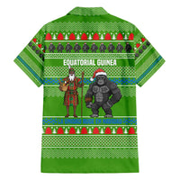 Equatorial Guinea Christmas Family Matching Off Shoulder Maxi Dress and Hawaiian Shirt with Santa Gorilla Gift Basket and Green Holiday Pattern Design - Wonder Print Shop