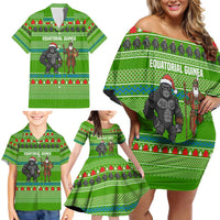 Equatorial Guinea Christmas Family Matching Off Shoulder Short Dress and Hawaiian Shirt with Santa Gorilla Gift Basket and Green Holiday Pattern Design - Wonder Print Shop
