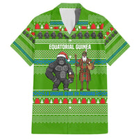 Equatorial Guinea Christmas Family Matching Off Shoulder Short Dress and Hawaiian Shirt with Santa Gorilla Gift Basket and Green Holiday Pattern Design - Wonder Print Shop