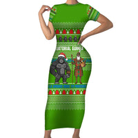 Equatorial Guinea Christmas Family Matching Short Sleeve Bodycon Dress and Hawaiian Shirt with Santa Gorilla Gift Basket and Green Holiday Pattern Design - Wonder Print Shop