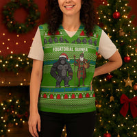 Equatorial Guinea Christmas Knitted V-Neck Vest with Santa Gorilla Gift Basket and Green Holiday Pattern Design - Wonder Print Shop