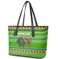 Equatorial Guinea Christmas Leather Tote Bag with Santa Gorilla Gift Basket and Green Holiday Pattern Design - Wonder Print Shop