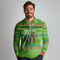 Equatorial Guinea Christmas Long Sleeve Polo Shirt with Santa Gorilla Gift Basket and Green Holiday Pattern Design - Wonder Print Shop