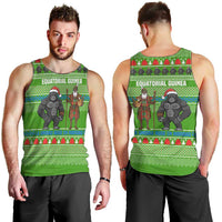 Equatorial Guinea Christmas Men Tank Top with Santa Gorilla Gift Basket and Green Holiday Pattern Design - Wonder Print Shop