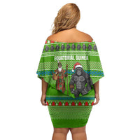Equatorial Guinea Christmas Off Shoulder Short Dress with Santa Gorilla Gift Basket and Green Holiday Pattern Design - Wonder Print Shop
