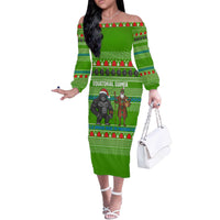 Equatorial Guinea Christmas Off The Shoulder Long Sleeve Dress with Santa Gorilla Gift Basket and Green Holiday Pattern Design - Wonder Print Shop