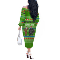 Equatorial Guinea Christmas Off The Shoulder Long Sleeve Dress with Santa Gorilla Gift Basket and Green Holiday Pattern Design - Wonder Print Shop