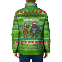 Equatorial Guinea Christmas Padded Jacket with Santa Gorilla Gift Basket and Green Holiday Pattern Design - Wonder Print Shop