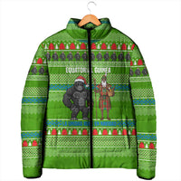 Equatorial Guinea Christmas Padded Jacket with Santa Gorilla Gift Basket and Green Holiday Pattern Design - Wonder Print Shop