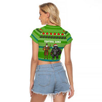Equatorial Guinea Christmas Raglan Cropped T Shirt with Santa Gorilla Gift Basket and Green Holiday Pattern Design - Wonder Print Shop