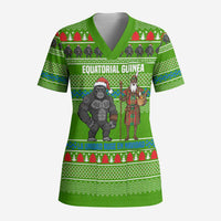Equatorial Guinea Christmas Scrub Top with Santa Gorilla Gift Basket and Green Holiday Pattern Design - Wonder Print Shop