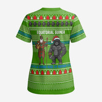 Equatorial Guinea Christmas Scrub Top with Santa Gorilla Gift Basket and Green Holiday Pattern Design - Wonder Print Shop