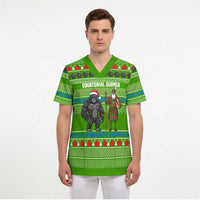 Equatorial Guinea Christmas Scrub Top with Santa Gorilla Gift Basket and Green Holiday Pattern Design - Wonder Print Shop