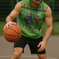 Equatorial Guinea Christmas Sleeveless Hoodie with Santa Gorilla Gift Basket and Green Holiday Pattern Design - Wonder Print Shop