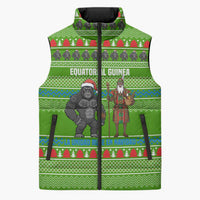Equatorial Guinea Christmas Sleeveless Puffer Jacket with Santa Gorilla Gift Basket and Green Holiday Pattern Design - Wonder Print Shop