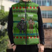 Equatorial Guinea Christmas Sleeveless Puffer Jacket with Santa Gorilla Gift Basket and Green Holiday Pattern Design - Wonder Print Shop