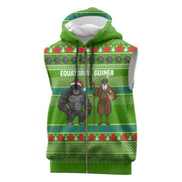 Equatorial Guinea Christmas Sleeveless Zip Hoodie with Santa Gorilla Gift Basket and Green Holiday Pattern Design - Wonder Print Shop