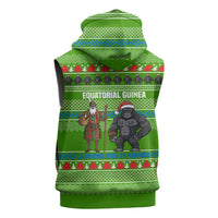 Equatorial Guinea Christmas Sleeveless Zip Hoodie with Santa Gorilla Gift Basket and Green Holiday Pattern Design - Wonder Print Shop