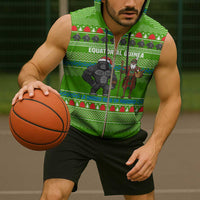 Equatorial Guinea Christmas Sleeveless Zip Hoodie with Santa Gorilla Gift Basket and Green Holiday Pattern Design - Wonder Print Shop