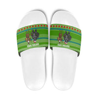 Equatorial Guinea Christmas Slide Sandals with Santa Gorilla Gift Basket and Green Holiday Pattern Design - Wonder Print Shop