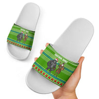 Equatorial Guinea Christmas Slide Sandals with Santa Gorilla Gift Basket and Green Holiday Pattern Design - Wonder Print Shop