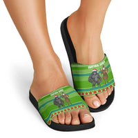 Equatorial Guinea Christmas Slide Sandals with Santa Gorilla Gift Basket and Green Holiday Pattern Design - Wonder Print Shop