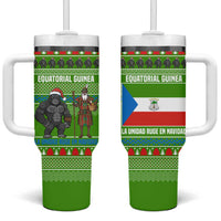 Equatorial Guinea Christmas Tumbler With Handle with Santa Gorilla Gift Basket and Green Holiday Pattern Design - Wonder Print Shop