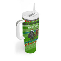 Equatorial Guinea Christmas Tumbler With Handle with Santa Gorilla Gift Basket and Green Holiday Pattern Design - Wonder Print Shop
