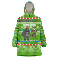 Equatorial Guinea Christmas Wearable Blanket Hoodie with Santa Gorilla Gift Basket and Green Holiday Pattern Design - Wonder Print Shop
