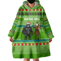 Equatorial Guinea Christmas Wearable Blanket Hoodie with Santa Gorilla Gift Basket and Green Holiday Pattern Design - Wonder Print Shop