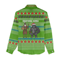 Equatorial Guinea Christmas Women Casual Shirt with Santa Gorilla Gift Basket and Green Holiday Pattern Design - Wonder Print Shop