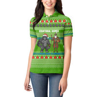 Equatorial Guinea Christmas Women Polo Shirt with Santa Gorilla Gift Basket and Green Holiday Pattern Design - Wonder Print Shop