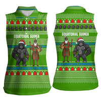 Equatorial Guinea Christmas Women Sleeveless Polo Shirt with Santa Gorilla Gift Basket and Green Holiday Pattern Design - Wonder Print Shop
