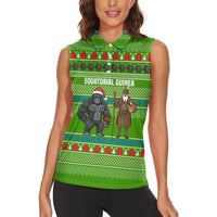 Equatorial Guinea Christmas Women Sleeveless Polo Shirt with Santa Gorilla Gift Basket and Green Holiday Pattern Design - Wonder Print Shop