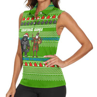 Equatorial Guinea Christmas Women Sleeveless Polo Shirt with Santa Gorilla Gift Basket and Green Holiday Pattern Design - Wonder Print Shop