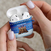 Estonia Christmas AirPods Case with Santa Otters Lights Snowflakes and National Emblem on Blue Pattern - Wonder Print Shop
