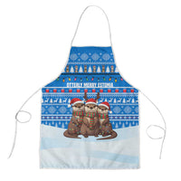 Estonia Christmas Apron with Santa Otters Lights Snowflakes and National Emblem on Blue Pattern - Wonder Print Shop