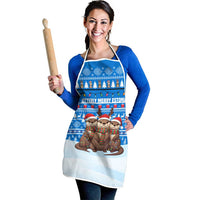 Estonia Christmas Apron with Santa Otters Lights Snowflakes and National Emblem on Blue Pattern - Wonder Print Shop